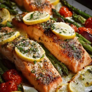 Lemon garlic salmon tray bake – easy & healthy!