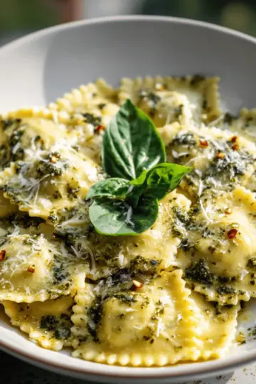 Ravioli with Garlic Pesto Cream Sauce