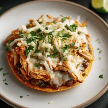 Shredded Chicken Tostada Stacks with Refried Black Beans