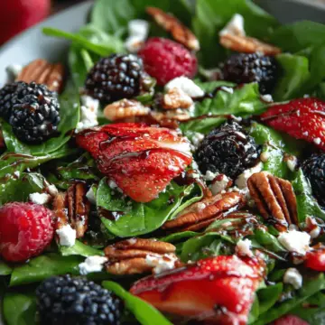 Berry Spinach Salad with Pecans, Feta, and Balsamic Glaze