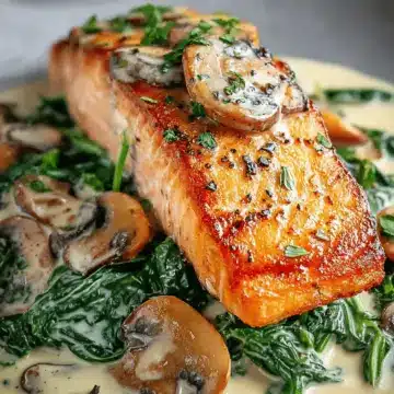 Garlic Butter Salmon with Spinach & Mushrooms in Creamy Sauce
