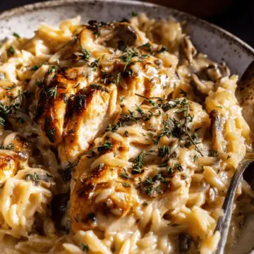 Crockpot Creamy French Onion Chicken and Orzo