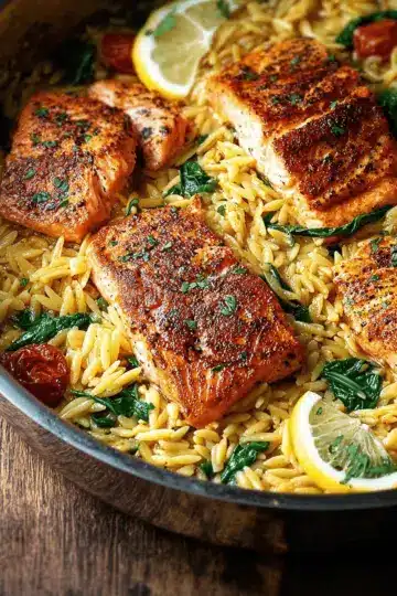 One Skillet Salmon with Lemon Orzo