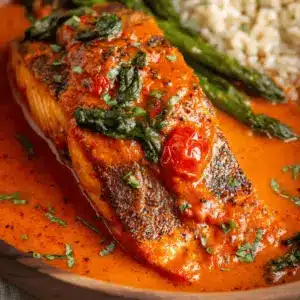 Crispy Salmon with Roasted Red Pepper Sauce