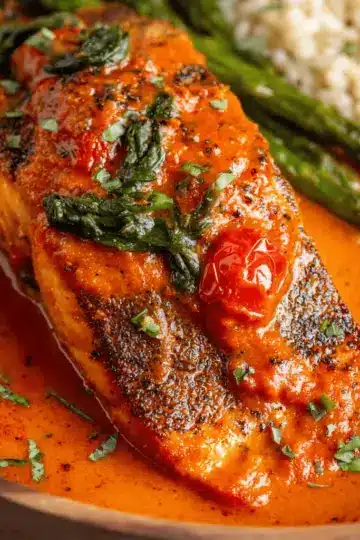 Crispy Salmon with Roasted Red Pepper Sauce