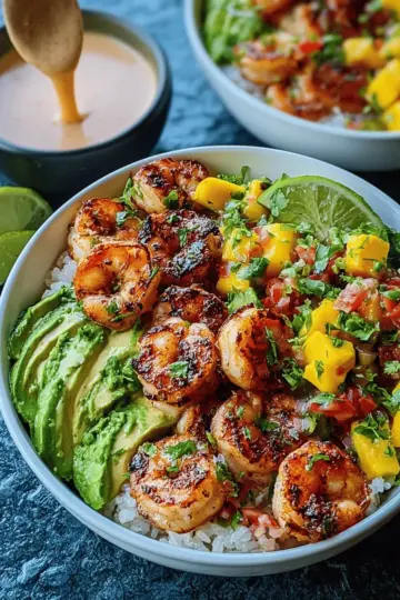 Shrimp and Avocado Bowls with Mango Salsa & Lime-Chili Sauce