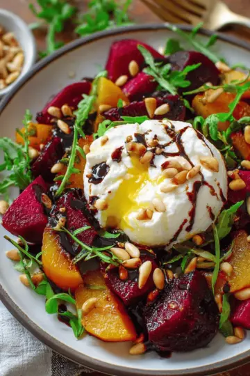 Beet and Burrata Salad with Pine Nuts and Balsamic Dressing