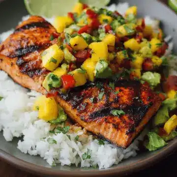 Grilled Lime Salmon with Avocado-Mango Salsa and Coconut Rice