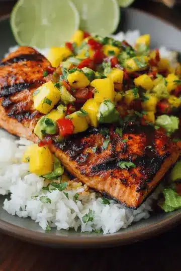 Grilled Lime Salmon with Avocado-Mango Salsa and Coconut Rice
