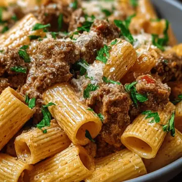 Creamy Parmesan Beef with Rigatoni Pasta