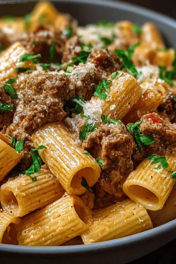 Creamy Parmesan Beef with Rigatoni Pasta