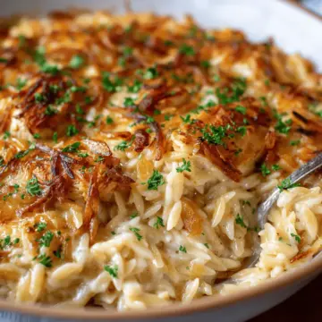 French Onion Chicken Orzo Casserole