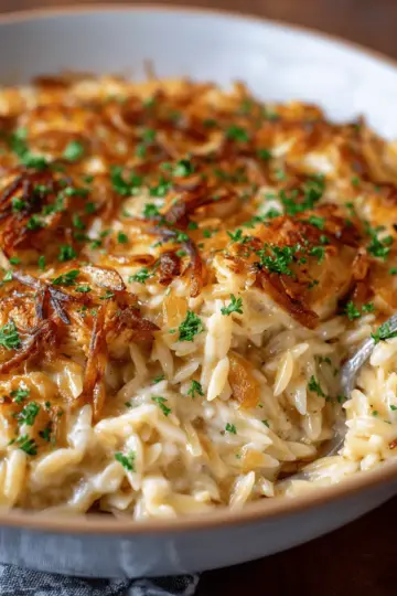 French Onion Chicken Orzo Casserole