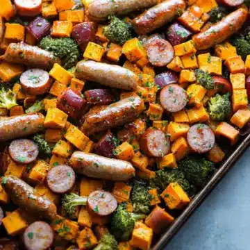 Sheet Pan Sausage and Sweet Potatoes with Honey Garlic Sauce