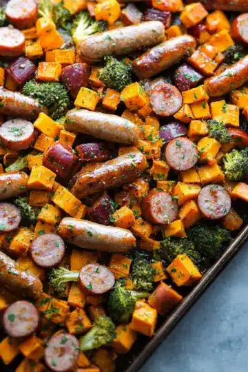 Sheet Pan Sausage and Sweet Potatoes with Honey Garlic Sauce