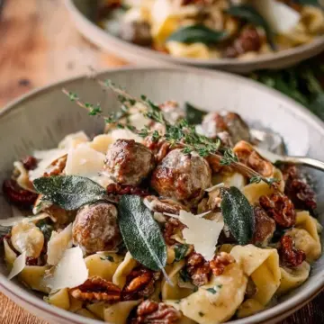 Winter Pasta with Mushrooms, Sausage Meatballs, Walnuts & Crispy Sage