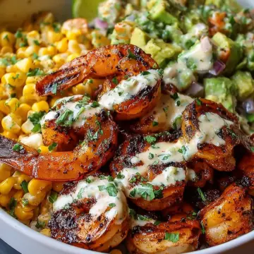 Grilled Shrimp Bowl with Avocado, Corn Salsa & Creamy Garlic Sauce