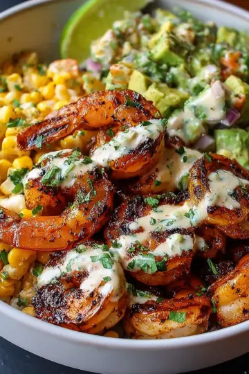 Grilled Shrimp Bowl with Avocado, Corn Salsa & Creamy Garlic Sauce