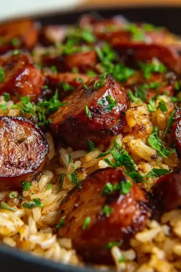 One Pan Sweet and Tangy Barbecue Sausage Rice Recipe