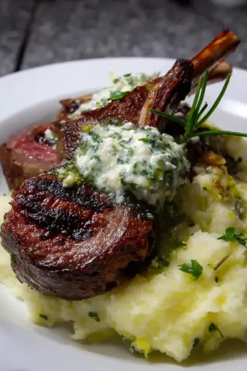 Grilled Double-Cut Lamb Chops, Green Garlic Herb Butter, Green Garlic Mashed Potatoes