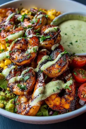 Grilled Shrimp Bowl with Avocado, Corn Salsa & Creamy Garlic Sauce