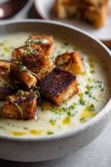 Roasted Garlic Potato Soup with Grilled Cheese Croutons